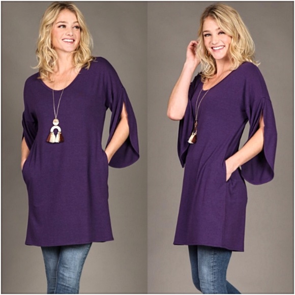 📍SALE Purple Long Relaxed Tunic Tulip Sleeves SM - Picture 2 of 5
